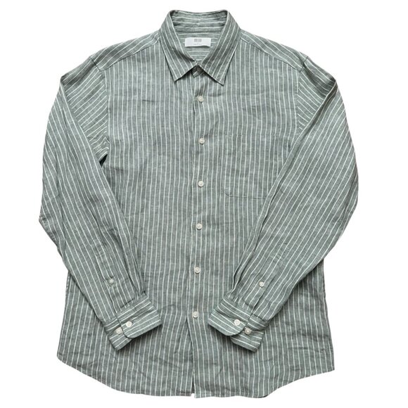 Uniqlo Shirt Mens Size S Long Sleeve 100% Linen Green Striped NEW - Picture 1 of 5